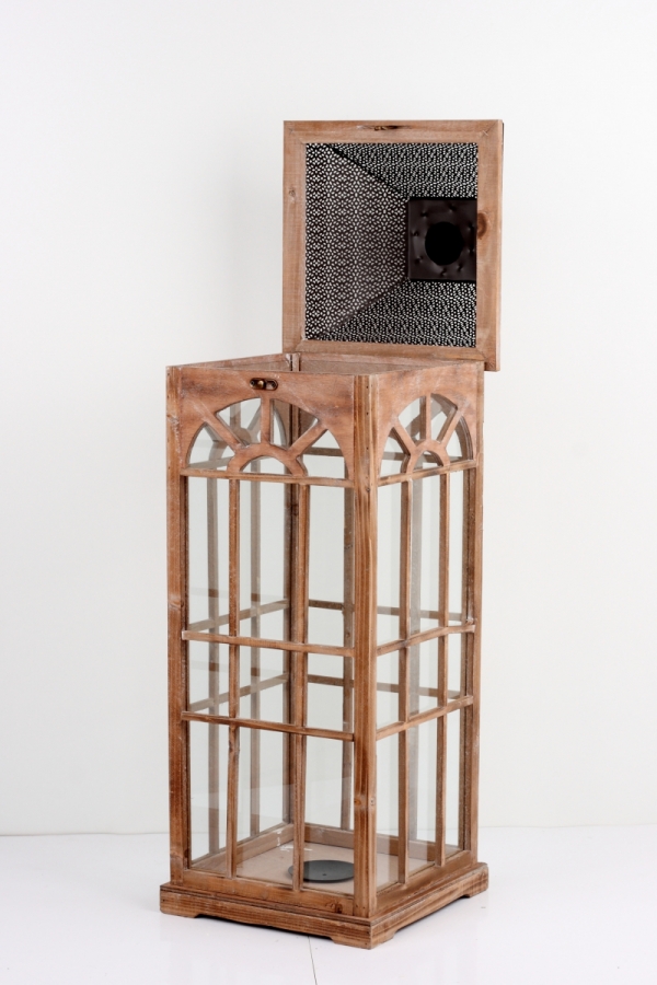 Lucerna dřevěná hnědá s kovovou stříškou 93cm