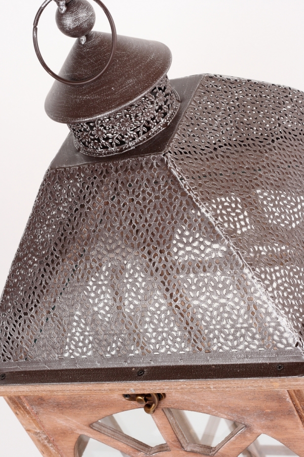 Lucerna dřevěná hnědá s kovovou stříškou 93cm