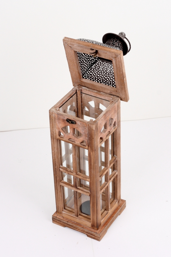 Lucerna dřevěná hnědá s kovovou stříškou střední