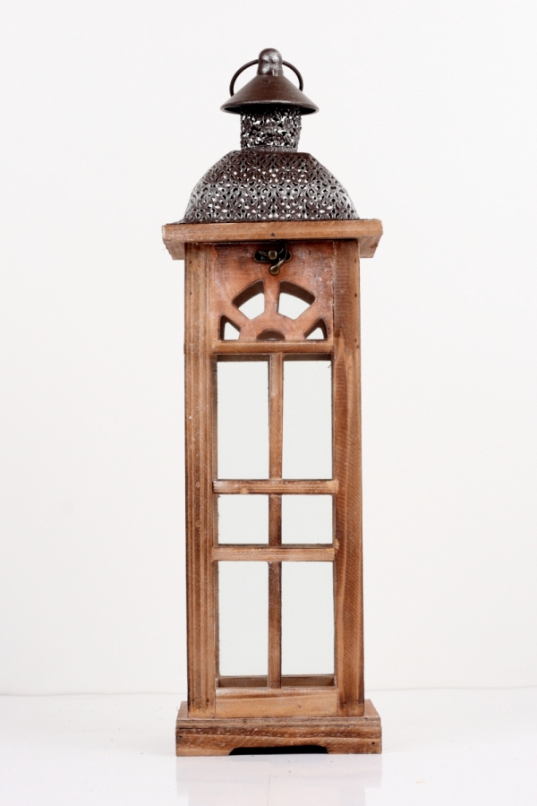 Lucerna dřevěná hnědá s kovovou stříškou střední