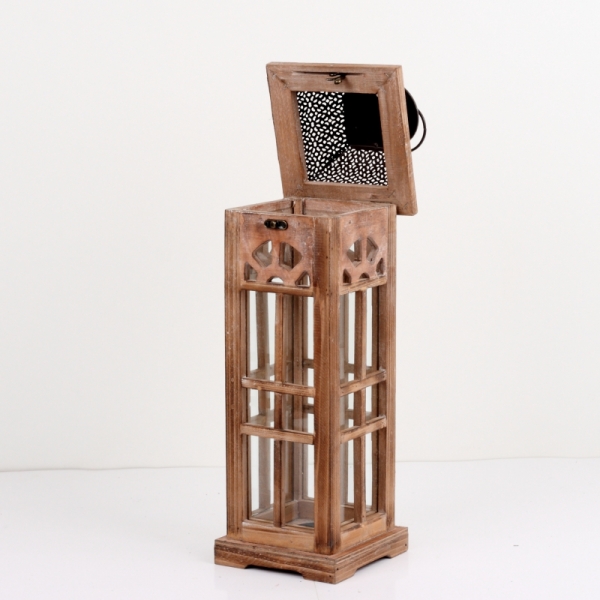 Lucerna dřevěná hnědá s kovovou stříškou střední