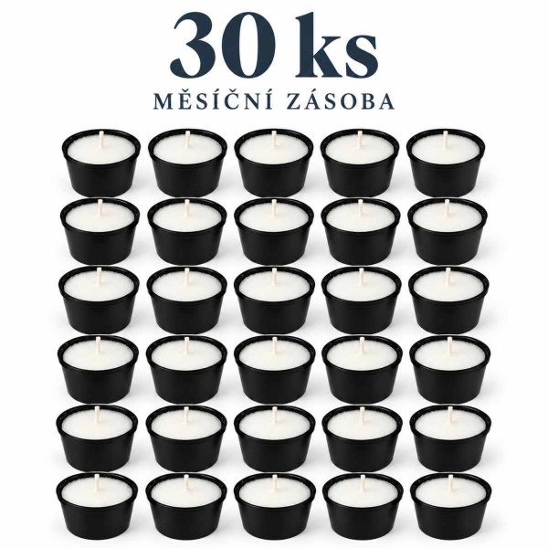Měsíční zásoba: hřbitovní svíčky v černém kalíšku – cca 10 h, 30 ks