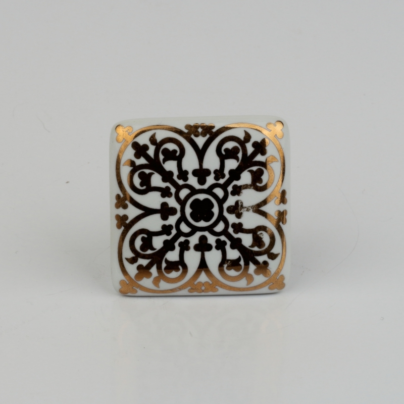 Nábytková úchytka keramická zlaté zdobení 3,5x3,5cm