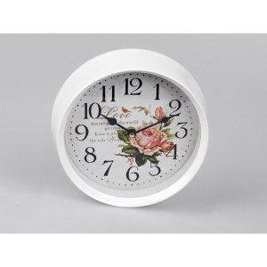 Nástěnné hodiny bílé s růží kov 22cm