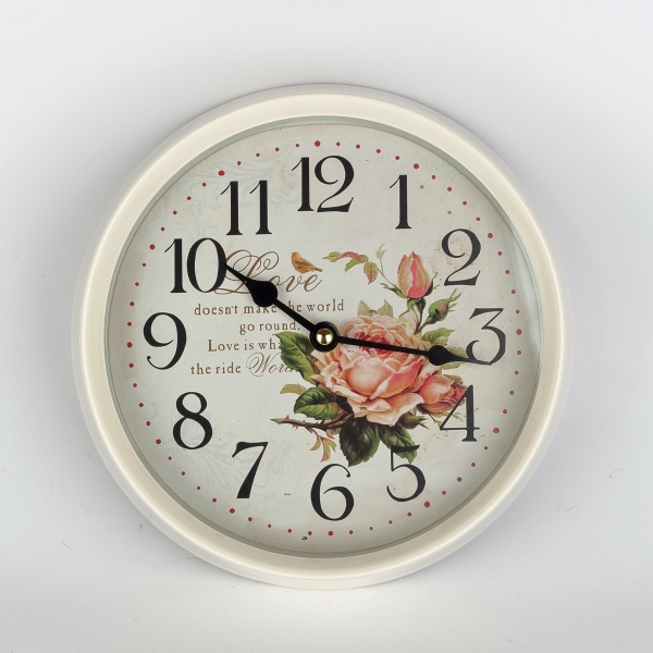 Nástěnné hodiny bílé s růží kov 22cm