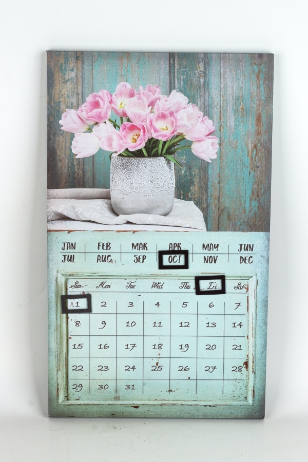 Nástěnný kalendář s magnety 30 x 50 x 1,8 cm růžové tulipány na mentolové