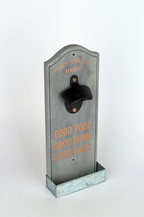 Nástěnný otvírák lahví se zásobníkem na zátky šedý