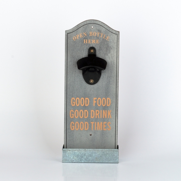 Nástěnný otvírák lahví se zásobníkem na zátky šedý