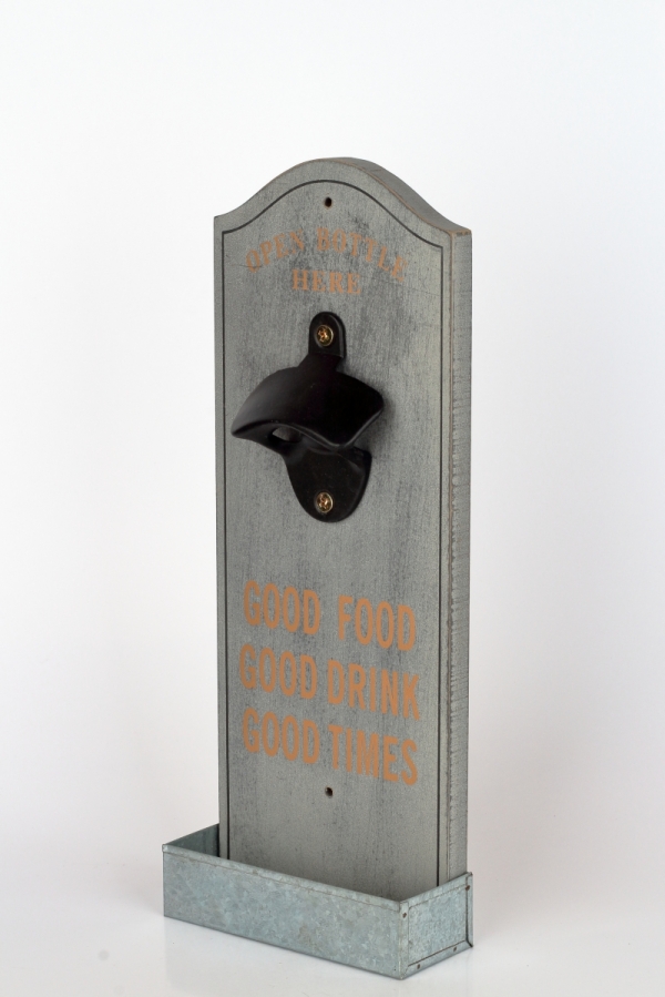 Nástěnný otvírák lahví se zásobníkem na zátky šedý