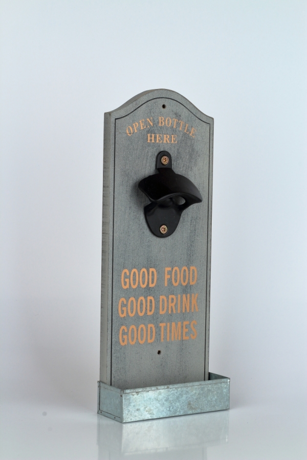 Nástěnný otvírák lahví se zásobníkem na zátky šedý