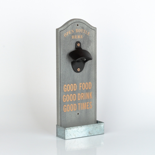 Nástěnný otvírák lahví se zásobníkem na zátky šedý