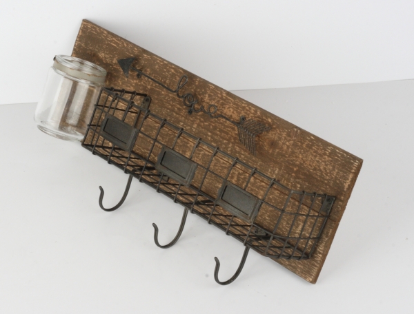 Nástěnný panel košík/háčky/sklenice Love 51cm