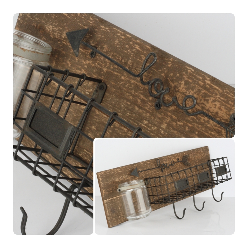 Nástěnný panel košík/háčky/sklenice Love 51cm