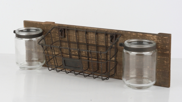 Nástěnný panel s drátěným košíčkem a sklenicemi 40cm