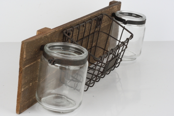 Nástěnný panel s drátěným košíčkem a sklenicemi 40cm