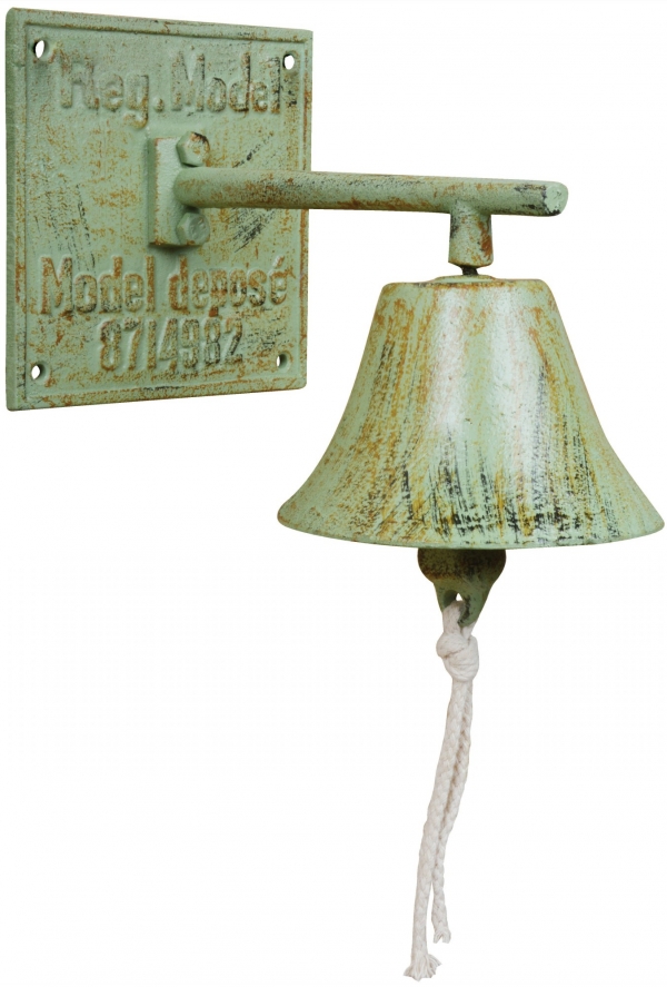 Nástěnný zvonek se zelenou patinou litina 17x14cm