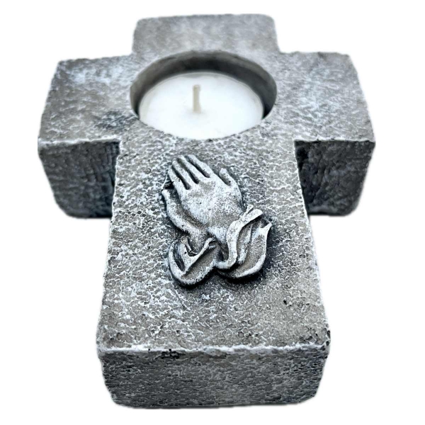 Pietní svícen na hrob – kříž se sepjatýma rukama 14 × 10 cm