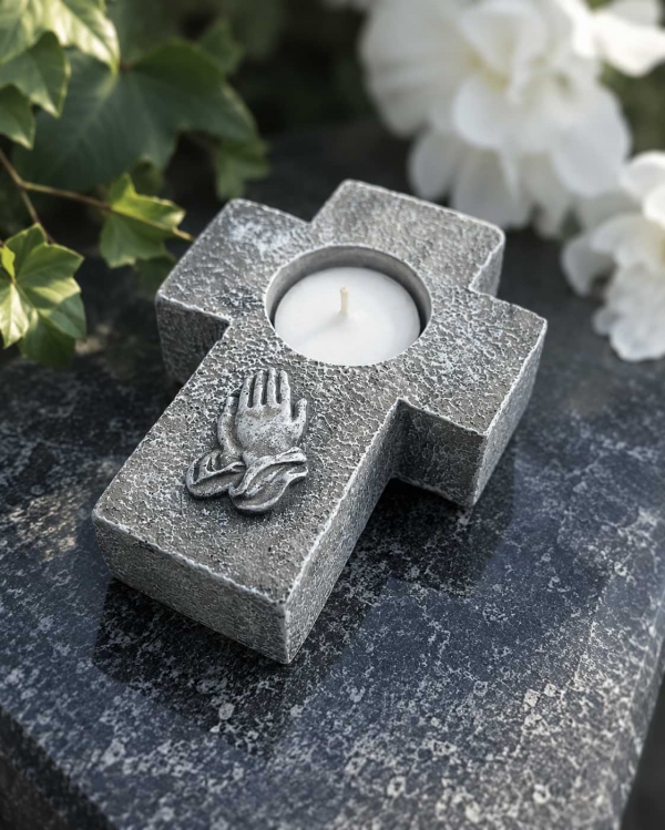 Pietní svícen na hrob – kříž se sepjatýma rukama 14 × 10 cm