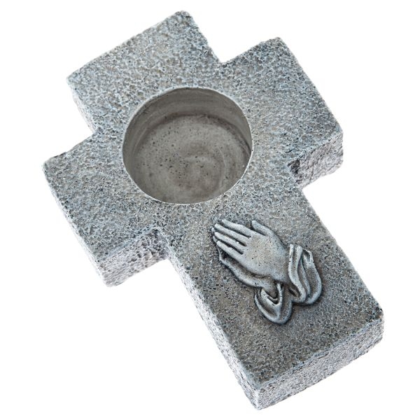 Pietní svícen na hrob – kříž se sepjatýma rukama 14 × 10 cm