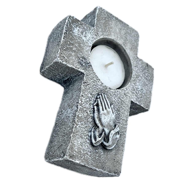 Pietní svícen na hrob – kříž se sepjatýma rukama 14 × 10 cm