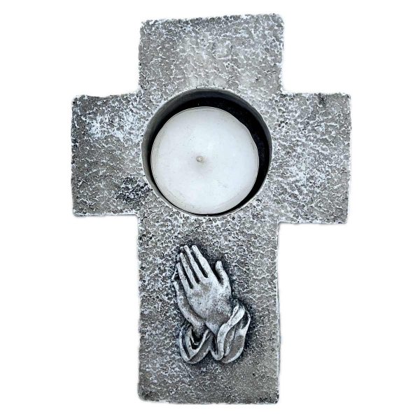 Pietní svícen na hrob – kříž se sepjatýma rukama 14 × 10 cm