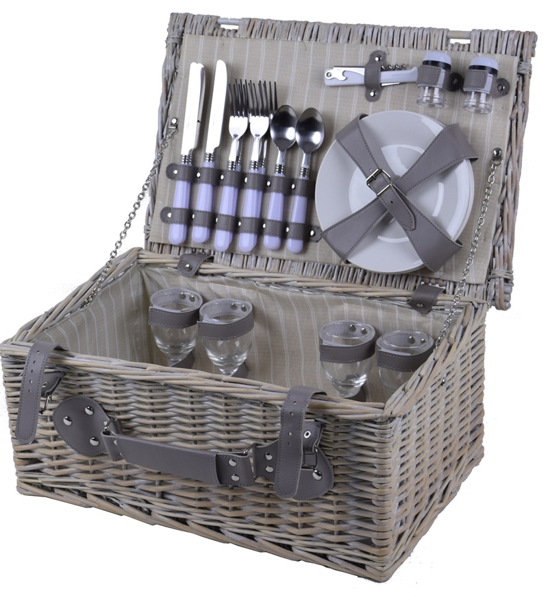 Piknikový koš pro 4 osoby béžový pruh 45x30x20cm