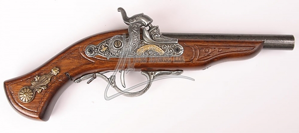 Pistole perkusní 31 cm historická replika dřevo a kov