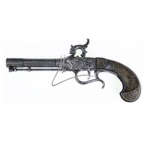 Pistole perkusní bohatě zdobená 27 cm historická replika imitace dřeva a kov