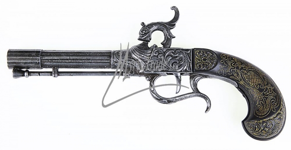 Pistole perkusní bohatě zdobená 27 cm historická replika imitace dřeva a kov