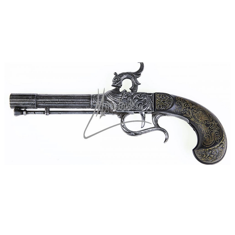 Pistole perkusní bohatě zdobená 27 cm historická replika imitace dřeva a kov