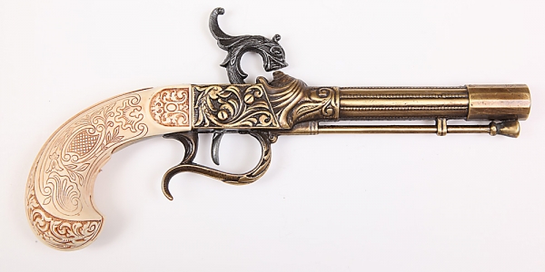 Pistole perkusní historická replika 27 cm imitace slonoviny a bronzový kov