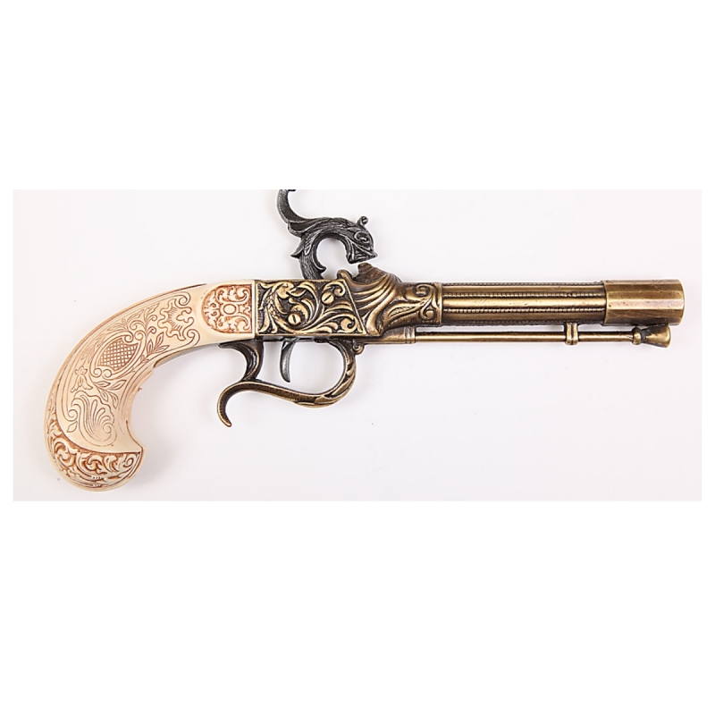 Pistole perkusní historická replika 27 cm imitace slonoviny a bronzový kov