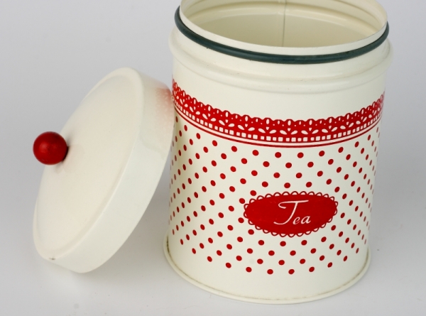 Plechová dóza na čaj červená krajka 16x10cm