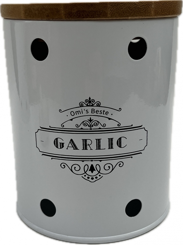 Plechová dóza na česnek GARLIC s bambusovým víkem 13 × 11 × 11 cm