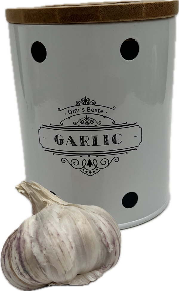 Plechová dóza na česnek GARLIC s bambusovým víkem 13 × 11 × 11 cm
