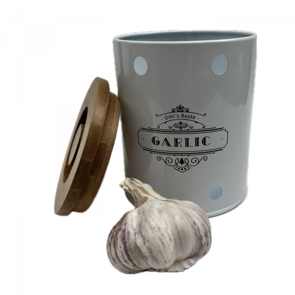 Plechová dóza na česnek GARLIC s bambusovým víkem 13 × 11 × 11 cm