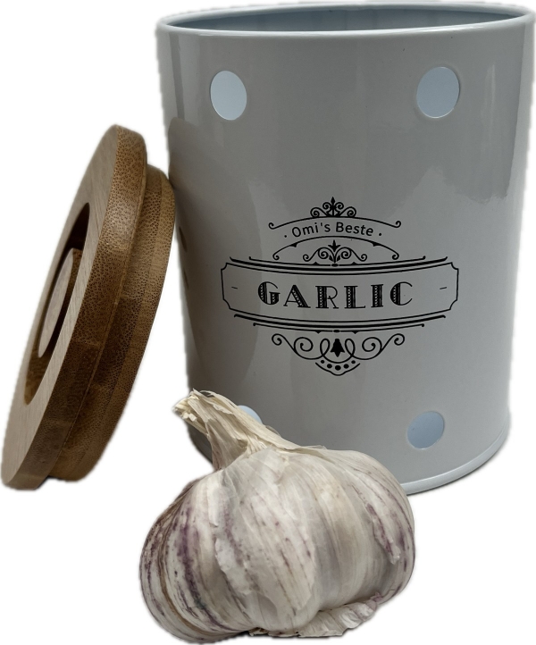 Plechová dóza na česnek GARLIC s bambusovým víkem 13 × 11 × 11 cm