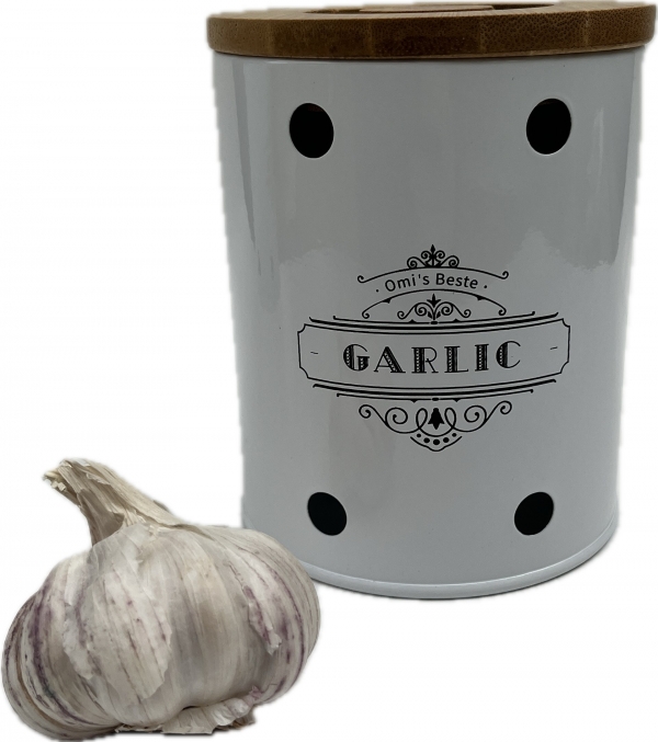 Plechová dóza na česnek GARLIC s bambusovým víkem 13 × 11 × 11 cm