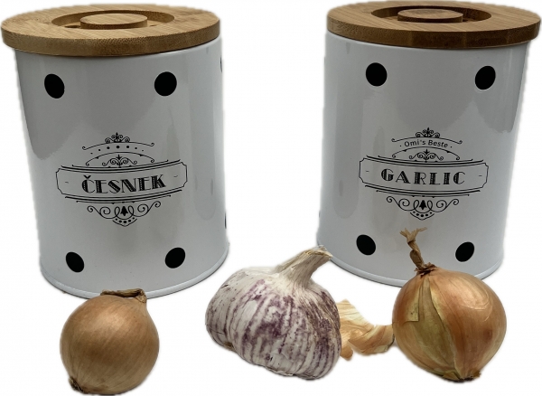 Plechová dóza na česnek GARLIC s bambusovým víkem 13 × 11 × 11 cm