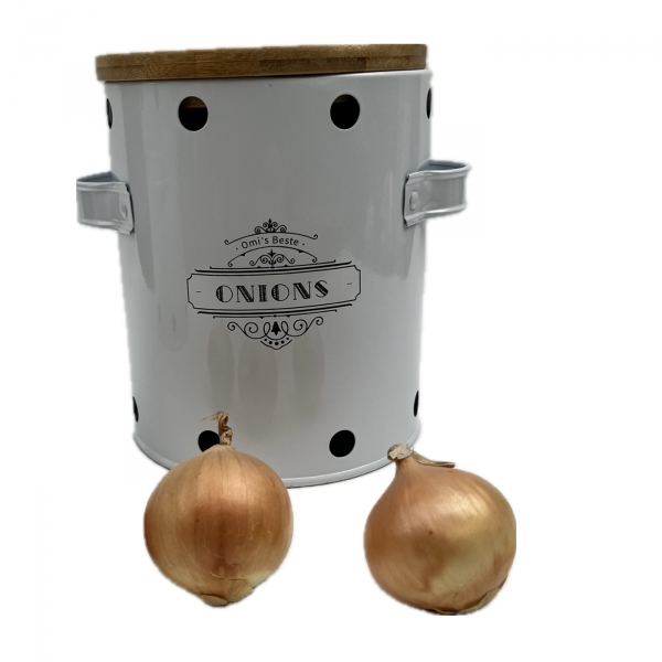 Plechová dóza na cibuli ONIONS s bambusovým víkem a větracími otvory 16 cm
