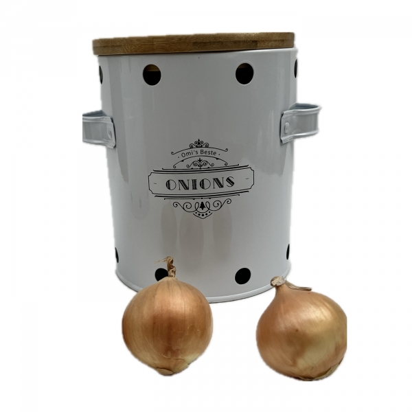 Plechová dóza na cibuli ONIONS s bambusovým víkem a větracími otvory 16 cm