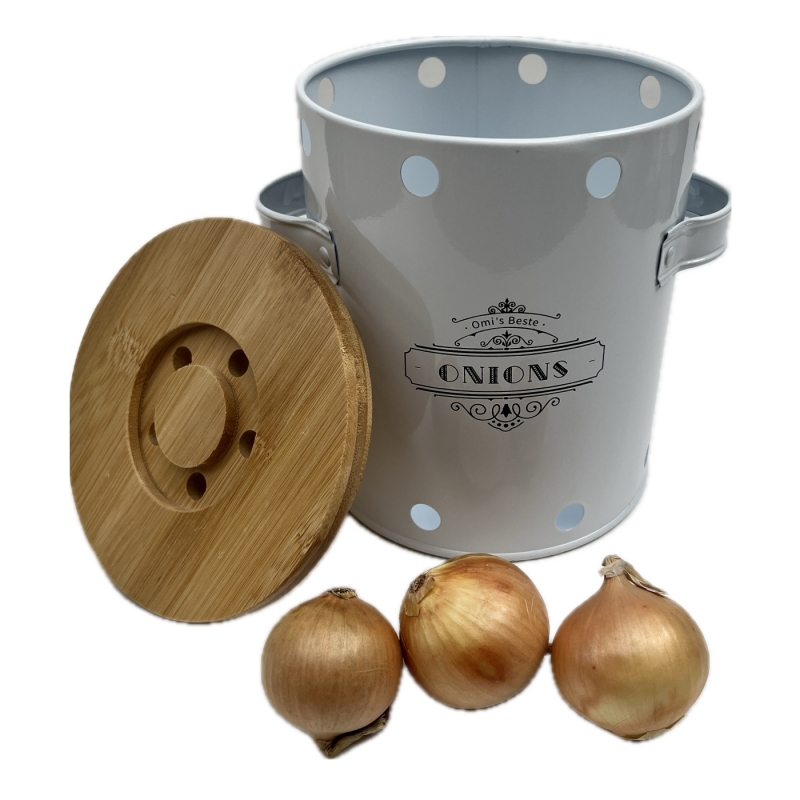 Plechová dóza na cibuli ONIONS s bambusovým víkem a větracími otvory 16 cm