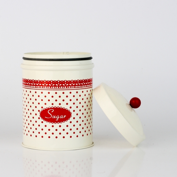 Plechová dóza na cukr červená krajka 16x10cm