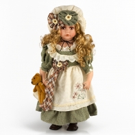 Porcelánová panenka s medvídkem a látkovou kiticí 56cm