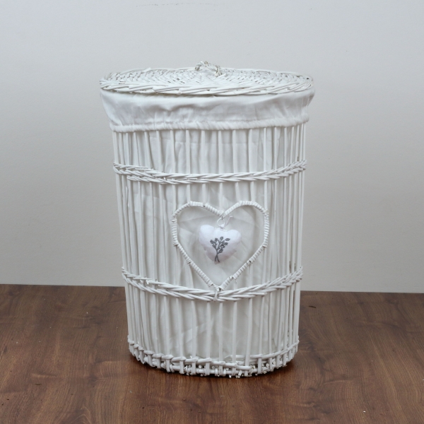 Proutěný koš na prádlo bílý levandulové srdce 51cm