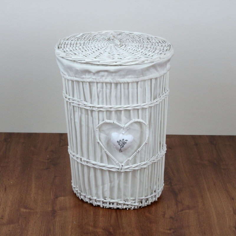 Proutěný koš na prádlo bílý levandulové srdce 51cm
