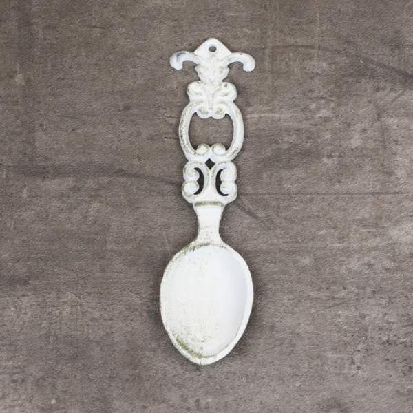 Retro dekorace litinová lžíce bílá 21,5cm