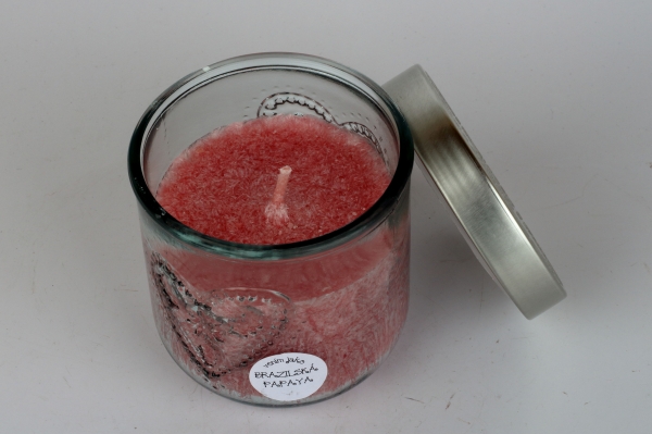 Ručně odlévaná svíčka ve skleněné dóze se srdcem brazilská papaya 190g