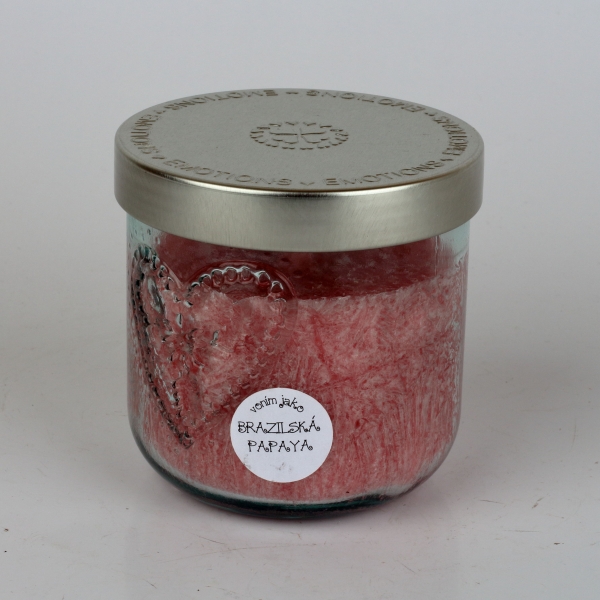 Ručně odlévaná svíčka ve skleněné dóze se srdcem brazilská papaya 190g