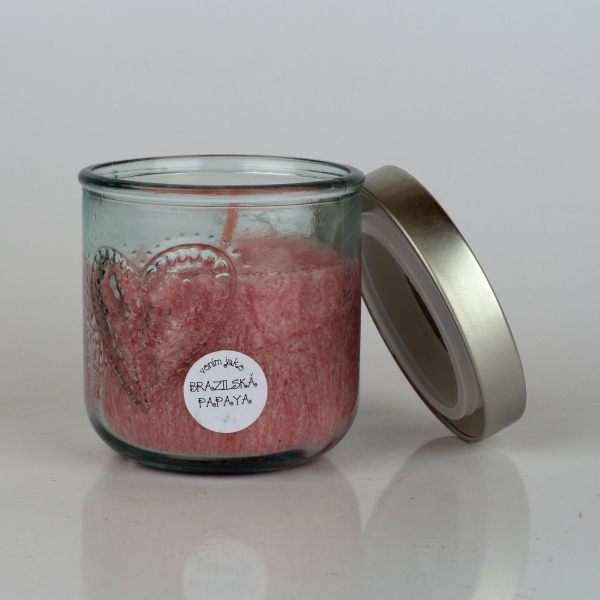 Ručně odlévaná svíčka ve skleněné dóze se srdcem brazilská papaya 190g